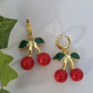 Gold Filled Huggie Hoop Earrings Red Cherry
